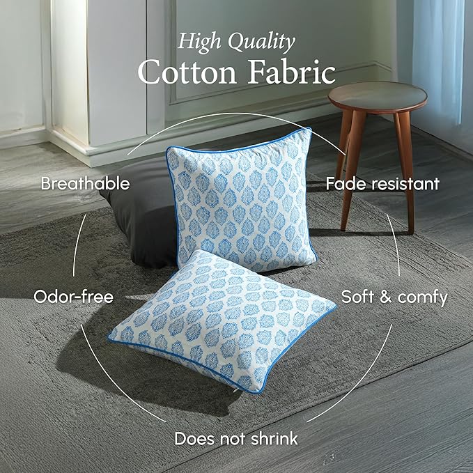 CPC 100% Cotton Throw Pillow Covers 18x18 Inch, Set of 2 Green Block Print Pattern Couch Pillow, Cute Boho Decorative Pillows for Living Room, Bedroom with Hidden Zipper- Royal Blue