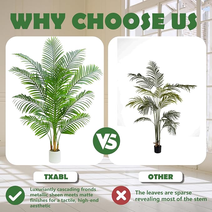 Artificial Palm Tree Plant 6FT Tall Fake Tropical Palm Tree in Pot, Real Bark Design Faux Areca Palm Tree for Home Office Living Room Bedroom Farmhouse Modern Indoor Outdoor Topiary Tree (18 Trunks)
