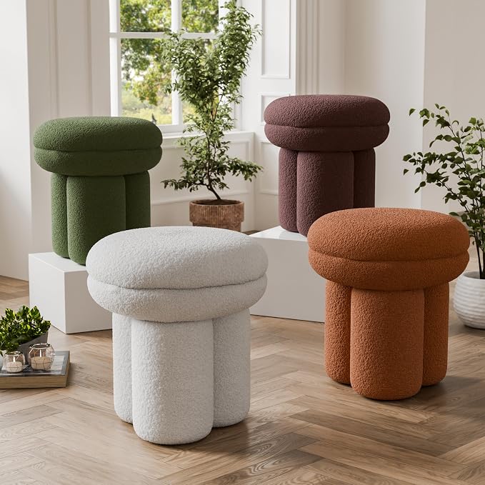 Furniture of America Rami Modern 17.5-inch Mushroom-Shape Upholstered Ottoman with Tri-Pillar Pedestal, Vanity Stool Chair, Small Foot Stool for Bedroom, Living Room, Entryway, Brown