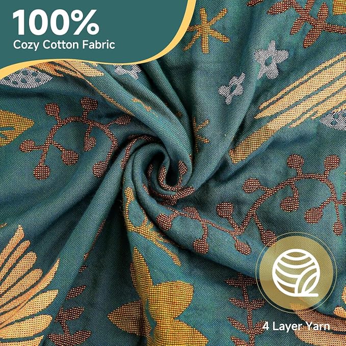 100% Cotton Boho Throw Blanket for Couch 4-Layer Gauze Ultra Soft Breathable Rustic Quilt 50" x 60" Birds and Floral Muslin Summer Blanket for Sofa Chair Bed Home Decor,Teal