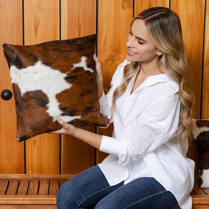 ecowhides 100% Genuine Brazilian Cowhide Pillow Cover – Tricolor, Brown, Black & White – Single-Sided – Luxury Leather Decorative Cushion for Rustic & Western Home Décor – 15” x 15”