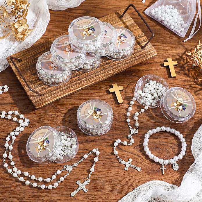 Kenning 24 Pcs First Communion Favor Rosary & Bracelet White Religious Rosary Bead Christian Baptism Gifts for Guests Primera Comunion Gift for Baptism Church Wedding