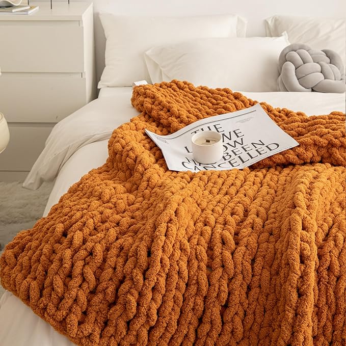 ATMOSURELY Ultra Soft Burnt Orange Chunky Knit Throw Blanket Cozy Fluffy Chenille Yarn Handmade Cable Knit Crochet Blanket for Bed Sofa Couch 50x60 Inches (Burnt Orange, 50"x60")