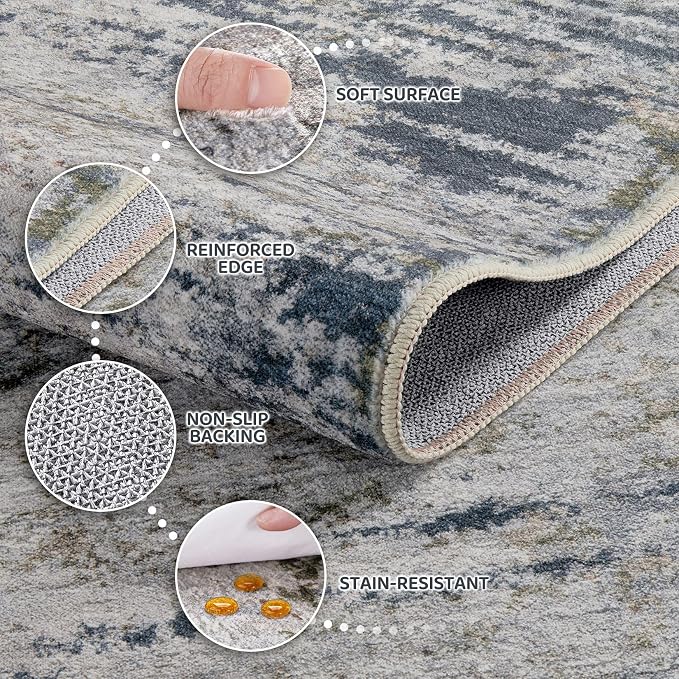 DMOYEST Area Rug Living Room Rugs - 9x12 Washable Large Soft Indoor Neutral Modern Abstract Low Pile Rug Carpet for Bedroom Dining Room Farmhouse Home Office - Blue/Grey/Brown