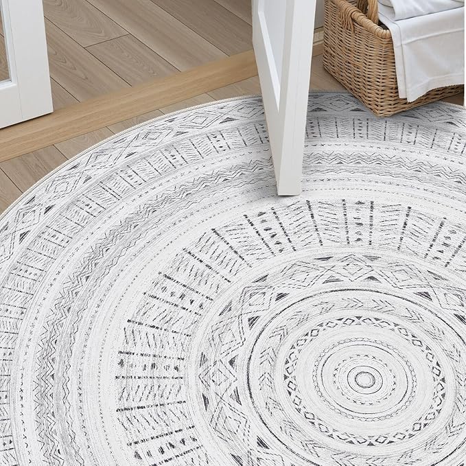 cotiled 8x8 Round Area Rug Living Room: Washable Boho Rugs with Non Slip Backing Large Soft Indoor Stain Resistant Carpet for Bedroom Farmhouse Dining Room Lightweight Home Decor Dark Grey