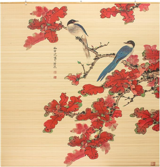 Red Lantern Bamboo Window Shade Blind - Roosting Bird 72" Wide