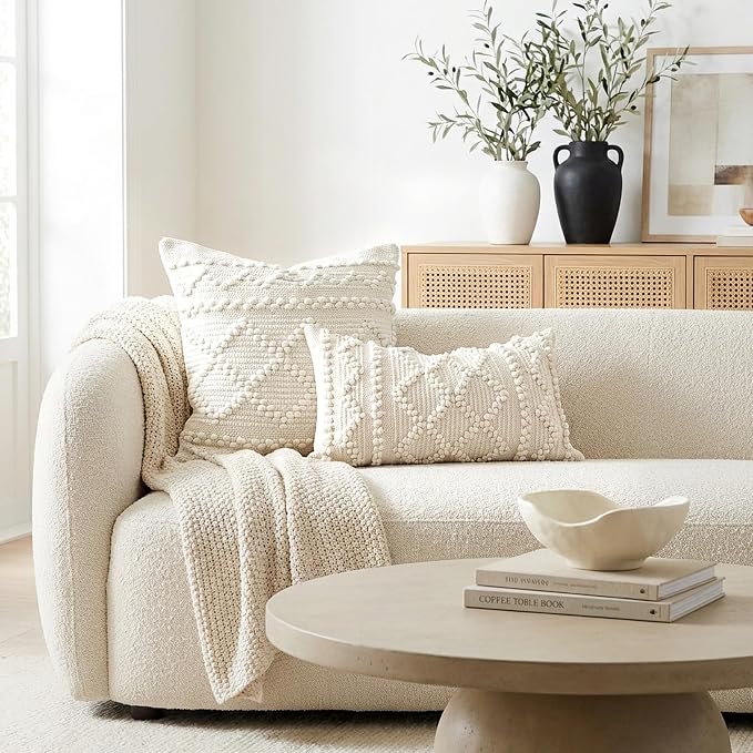 BlissBlush Pure White Decorative Throw Pillow Cover 22X22, Boho Accent Pillow for Couch, Square Modern Farmhouse Pillowcase for Living Room Couch Sofa Cushion Home Décor (Pack of 1)