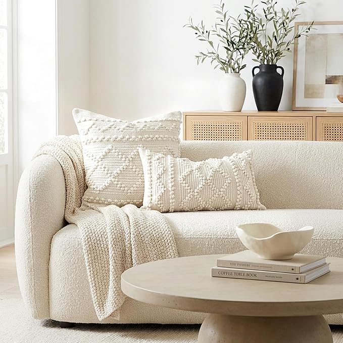 BlissBlush Pure White Decorative Throw Pillow Cover 22X22, Boho Accent Pillow for Couch, Square Modern Farmhouse Pillowcase for Living Room Couch Sofa Cushion Home Décor (Pack of 1)