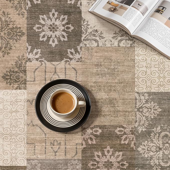 UERMEI 5x7 Area Rug for Living Room, Washable Brown Modern Geometric Patchwork Non Slip Stain Resistant Low Pile Foldable Carpet for Bedroom Dining Farmhouse Home Office