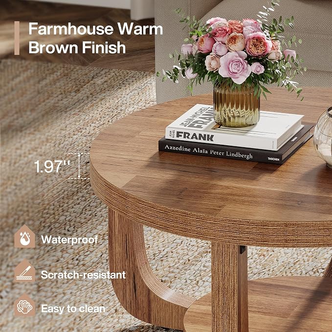 Tribesigns Round Coffee Table, 2-Tier Circle Coffee Table with Storage, Modern Wooden Accent Center Table for Living Room, Thick Tabletop & Base (Rustic Brown)