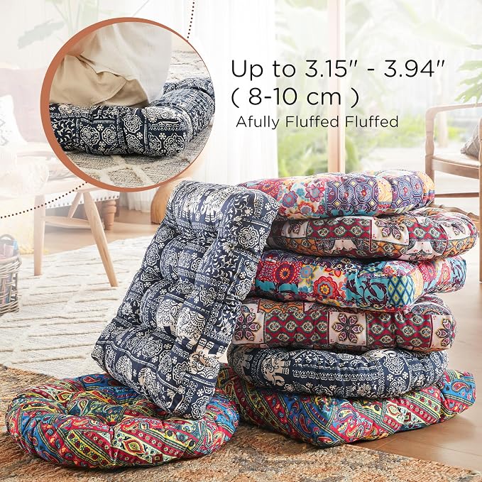Codi Meditation Floor Pillow Set of 2, Large Pillows Seating for Adults and Teens, Bohemian Cushion for Fireplace Yoga Living Room Sitting, Memory Foam Added, 22x22 Inch Indigo Elephant