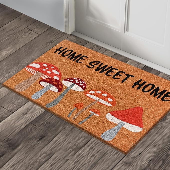 A1HC Natural Coco Coir Door Mat Home Sweet Home Mushroom Doormat with Heavy Duty Non-Slip PVC Backing - 18" x 30" - Easy to Clean, Welcome Mat for Home, Porch Decor Doormat