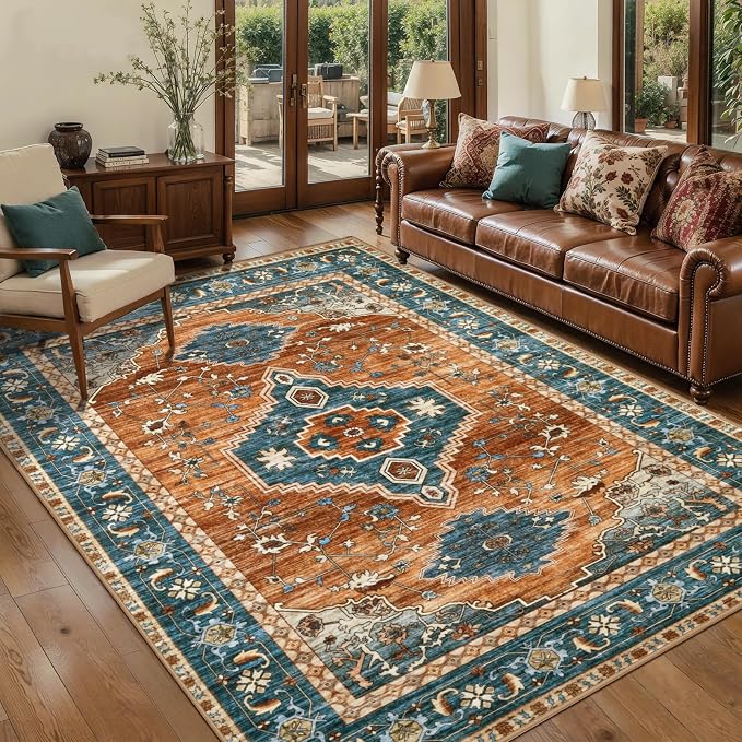 Tangsoo Vintage 5X7 Washable Area Rug, Oriental Indoor Dining Room Rugs for Under Table, Non Slip Machine Washable Large Tumble Rug, Soft Low Pile Foldable Carpet for Bedroom Living Room Orange Blue