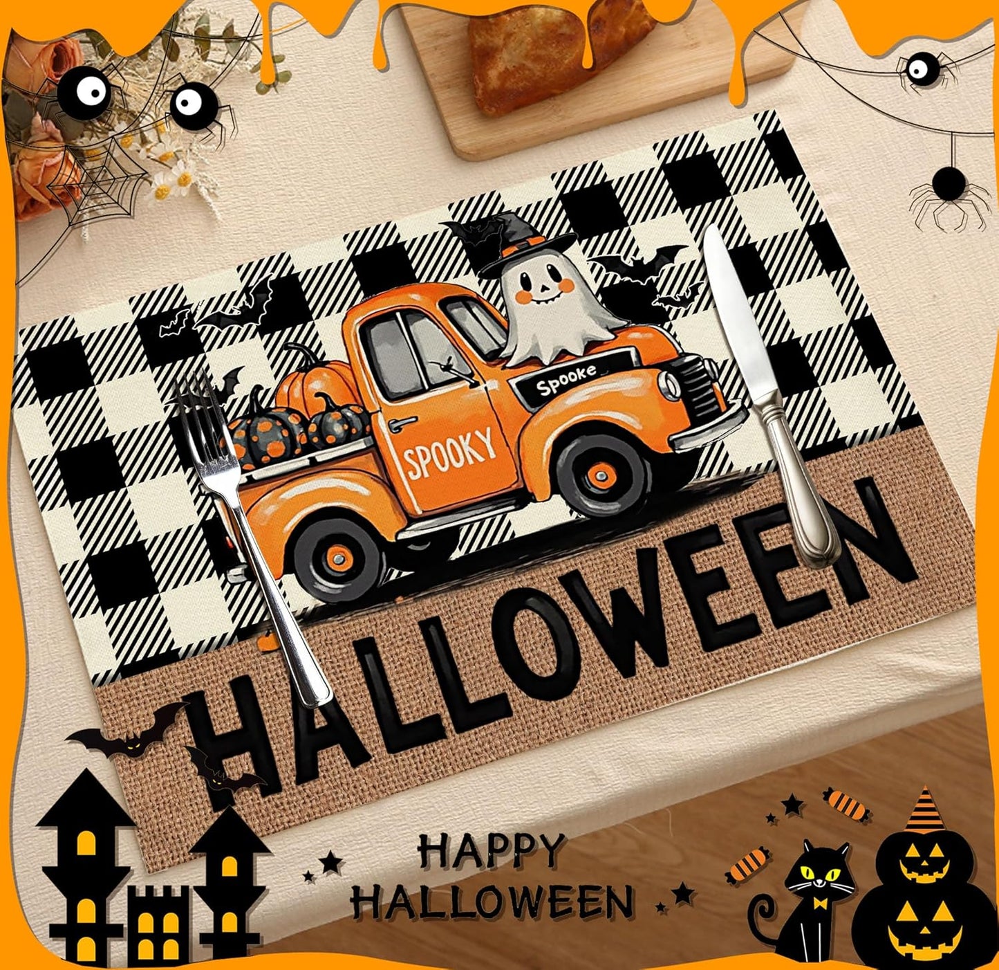 Halloween Pumpkin Placemats Set of 4, 12x18 Inch Plaid Truck Decorative Table Mats, Washable Heat Resistant Place Mats for Kitchen Dining Table, Spooky Themed Decoration for Home-B08