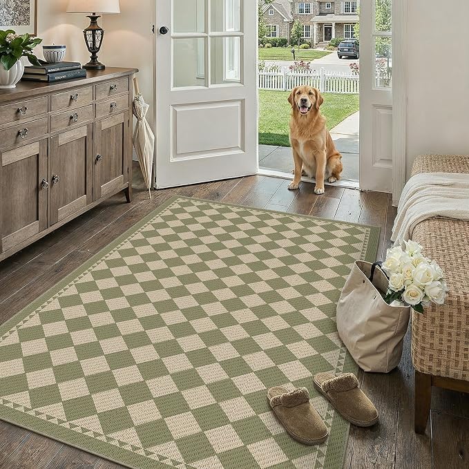 HUGEAR 3'x5' Green Outdoor Rug Waterproof Patio Linen-Look Checkered Outside Floor Mat Carpet for Deck Porch Balcony Backyard Camping RV Picnic Beach Area Rug Home Decor