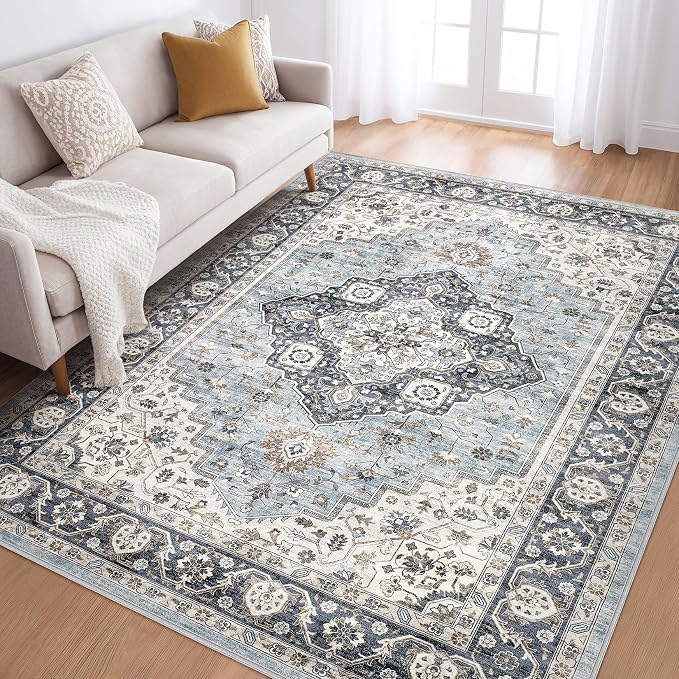 5x8 Area Rugs Living Room: Washable Boho Large Neutral Vintage Soft Rug Stain Resistant Farmhouse Non-Slip Indoor Floor Carpet for Bedroom Nursery Kids Playroom Office Dining Room- Blue Tan