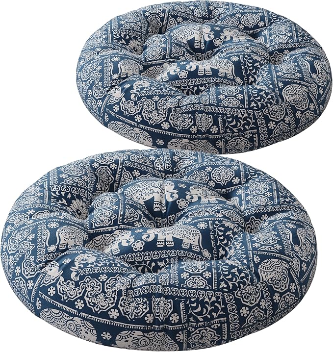 Codi Meditation Floor Pillow, Boho Pillows Seating for Adults and Teens, Large Cushion for Yoga Living Room Tatami Sitting, Memory Foam Added, 22x22 Inch Pack of 2, Round - Indigo Elephant