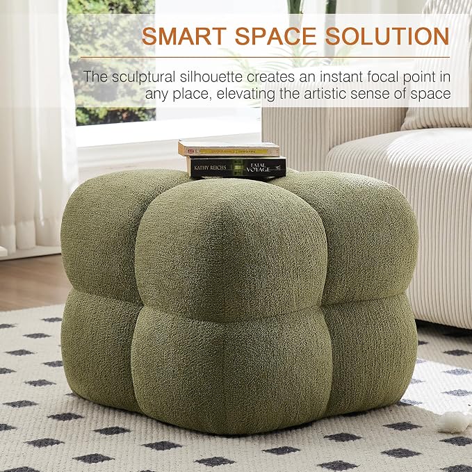 Zesthouse Square Pouf Ottoman Footstool, Modern Backless Vanity Chair for Bedroom, Green Boucle Foot Rest for Couch, Upholstered Tufted Footstool, Poofy Fabric Ottoman Coffee Table for Living Room