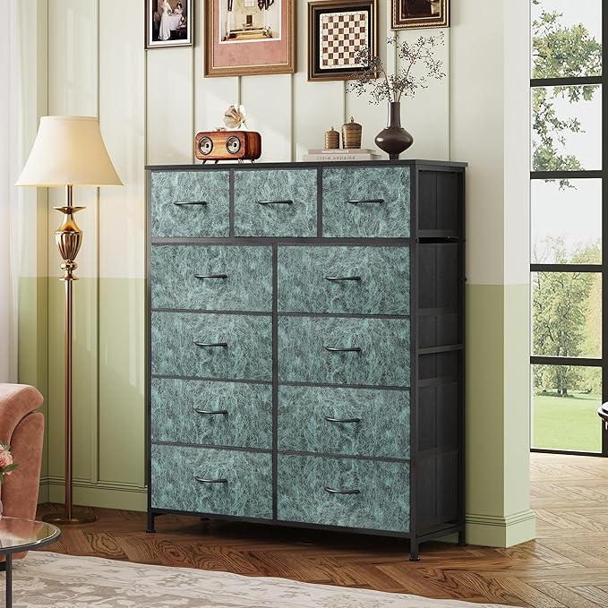 WLIVE Storage Organizer Unit with 11 Fabric Bins, Storage Drawers Organizer with Steel Frame, Tall Storage Tower Organizaton for Living Room, Hallway, Office, Vintage Green