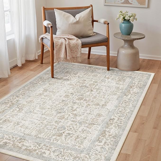 PureCozy Taupe Area Rug 4x5 Office Entryway Rug Machine Washable Kitchen Vintage Distressed Non Slip Carpet Indoor Retro Floral Accent Throw Door Mat for Bathroom Bedroom Dining Living Room