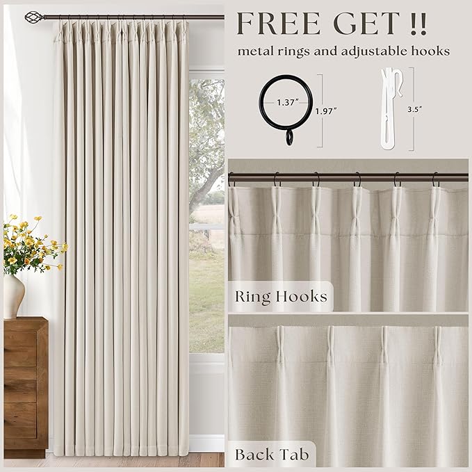 100% Blackout Linen 126 Inch Curtains 2 Panel Set for Bedroom Modern Pinch Pleated Natural Linen Beige White Insulated Heavy Curtain 40 x 126 Inches Length Sliding Glass Door Room Darkening Drapes
