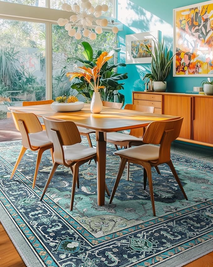 RELEANY Area Rugs 6'x9' Washable Non-Slip, Floral Vintage Distress Print Pattern Medallion Carpet for Living Room Bedroom Dining Room, Teal Green Lake Blue Turquoise