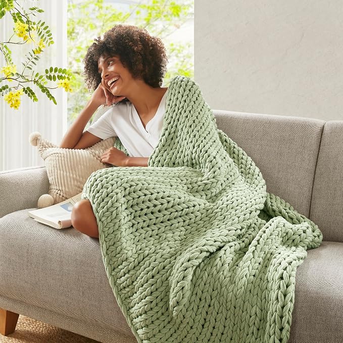 Madison Park Boho Throw Blanket, Soft Blanket Handmade Gift Home Decor, Lightweight & Breathable All Seasons Spring Chunky Knit Blanket, Knitted Throw for Couch, Bed Blanket, 50"x60"Sage Green