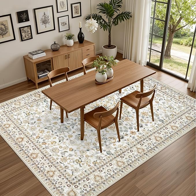8x10 Area Rugs for Living Room: Washable Rug Soft Vintage Boho Carpet Indoor Floor Non-Slip Stain Resistant Floral Large Carpets for Bedroom Dining Room Farmhouse Nursery Home Office Beige