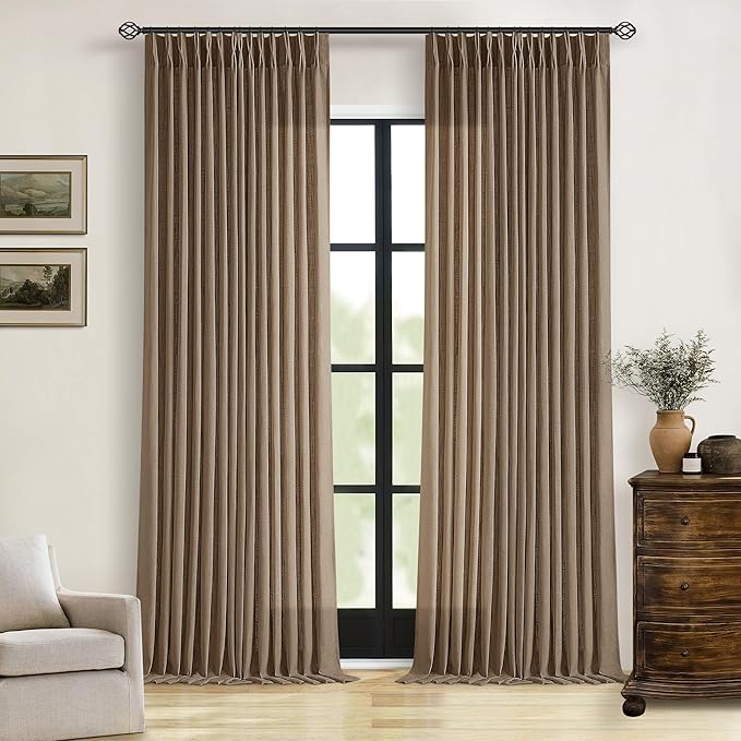 105 Inch Linen Curtains 2 Panels Set Pinch Pleated for Living Room Bedroom Memory Training Shaped Semi Sheer Dutch Cocoa Pinch Pleat Drapes Hooks Rings Light Filtering Window Curtain Drapes