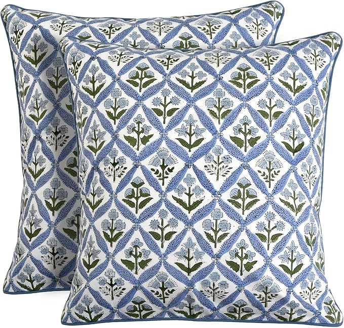 Ridhi Block Print Light Steel Blue Pillow Cover 16" x 16" (Pack of 2) Decorative Couch Pillows for Living Room, Chic Boho Cute Outdoor Pillows Covers Gifts for Spring, Easter and Valentine