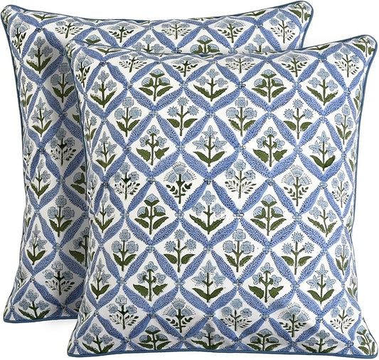 Ridhi Block Print Light Steel Blue Pillow Cover 16" x 16" (Pack of 2) Decorative Couch Pillows for Living Room, Chic Boho Cute Outdoor Pillows Covers Gifts for Spring, Easter and Valentine