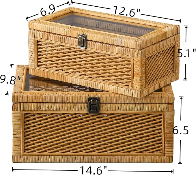 SOFE Rectangular Rattan Storage Box with Lid, Boho Display Box Set of 2, Stackable Decorative Boxes for Home Decor, Multipurpose Shelf Organizer, Natural Color Design, Living Room, Study, Bedroom