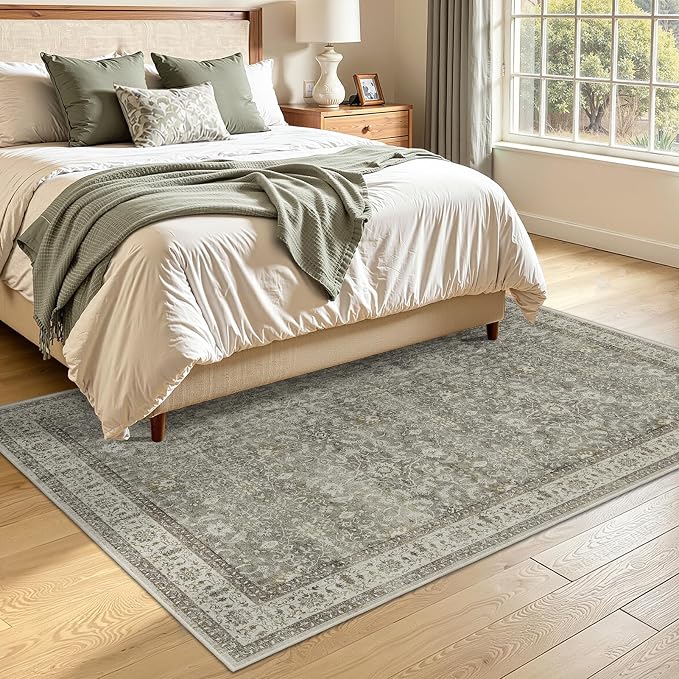 Neutral Gray 5x7 Area Rugs, Transitional Modern Faromhouse Print Rugs for Living Room Bedroom, Washable Non Slip Ultra Thin Carpet Rug for Dining Room Home Office, Soft French Gray/Beige/Olive