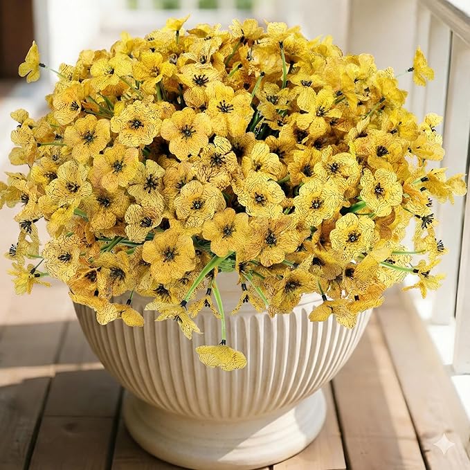 Geegoods Artificial Mums Flowers for Outdoors, 16 Bundles UV Resistant Fake Plastic Yellow Flowers for Patio Porch Spring Summer Decor