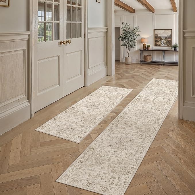 2 Piece Washable Kitchen Rug Set Beige Vintage Runner Mats Non-Slip Soft Low Pile Farmhouse Area Rugs for Floor Sink Laundry Bedroom Bathroom Living Room, 2x6 + 2x10