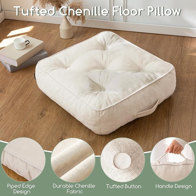 HIGOGOGO 6" Extra Thick Floor Pillow Cushion for Adults, Meditation Cushion Pillow with Handle, Lustrous Chenille Tufted, Square Floor Sitting for Tatami Living Room or Yoga, 22x22 Inch, 2Pack, Beige