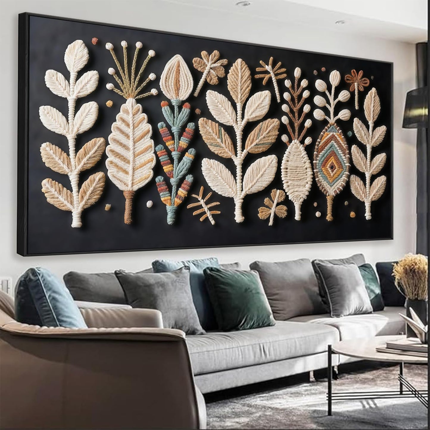 Large Boho Black Wall Art For Living Room Chic Home Wall Art Modern Multicolor Leaves Feather Canvas Wall Art Decor Picture For Bedroom Apartment Kitchen Home Wall Decor 29" X 58" With Framed