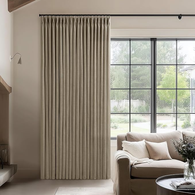 Pinch Pleated Linen 84 Inch Curtains 100 Inch Width for Living Room Divider Light Filtering Thick Light Brown Linen Extra Wide Patio Curtains for Sliding Door Balcony Floor to Ceiling Window 1 Panel