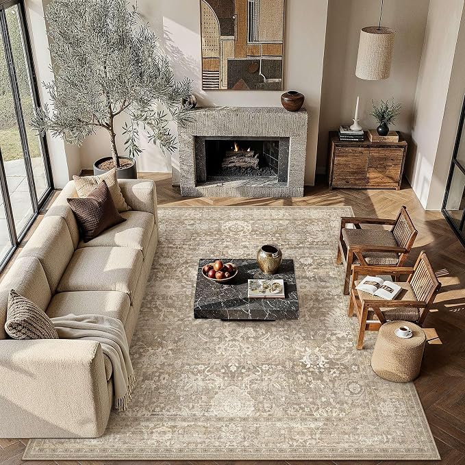 HUGEAR Area Rugs 6x9 Beige Washable Rug for Living Room Bedroom Neutral Vintage Rug Carpet Distressed Soft Durable Non Slip No Shedding for Indoor Dining Nursery Farmhouse