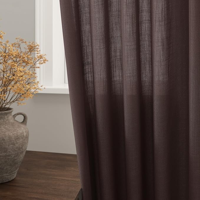 Coffee Linen Curtains 80 Inch Length 2 Panels Set Back Tab Rod Pocket Textured Sheer Light Filtering Boho Room Decor Aesthetic Curtains Burlap Look Curtain Drapes for Living Room Bedroom 52x80