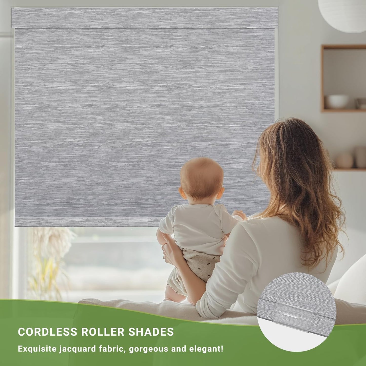Blackout Roller Shades for Indoor Windows, Cordless Jacquard Fabric-Matched Roller Blinds, Easy to Install Privacy UV Protection Roll Up Blinds for Home Office, Grey, 31" W x 72" H
