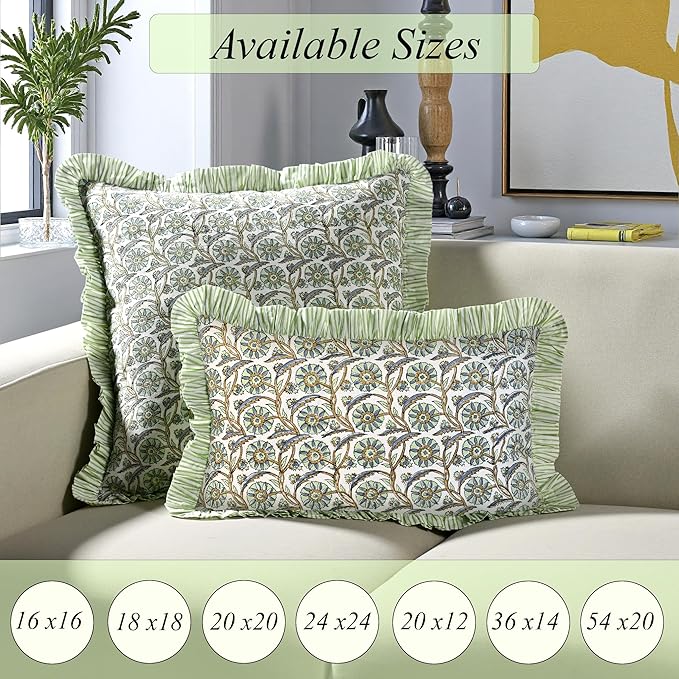 Ridhi Block Print Bloom Bubbles Throw Pillow Cover 24" x 24" (Pack of 2) Decorative Cushion Covers with Ruffle for Couch, Sofa, Bed, Living Room, Home Decor Gift for Spring, Easter, Valentine