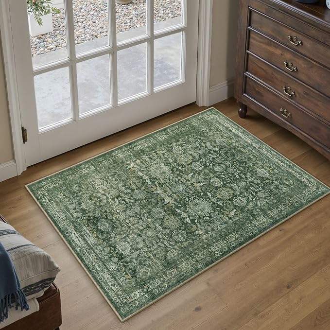 2x3 Green Washable Neutral Area Rug for Entryway Non Slip Soft Thin Throw Rug Floral Durable Low Pile Carpet Modern Stain Resistant Door Mat for Living Room Laundry Kitchen Playroom