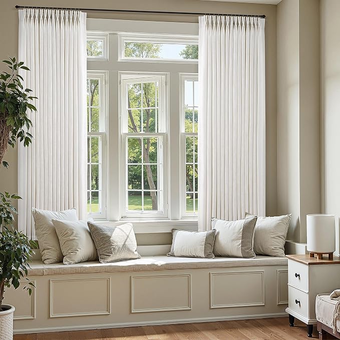 Natural Pinch Pleated Semi Sheer Curtains 63 Inch Length 2 Panels for Small Windows Privacy Light Filtering Linen Curtains Cream Beige Neutral Boho Memory Shape Trained Window Drapes with Hooks