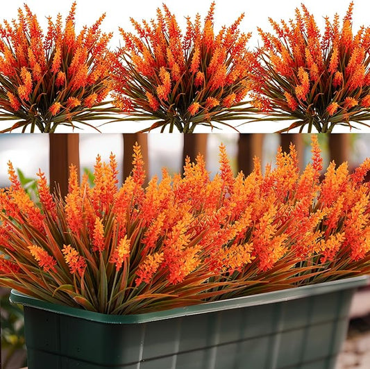 Nigirior Artificial Fall Flowers for Outdoor Plants 24 Bundles Fake Lavender Plastic Faux Monkey Grass for Verandah Window Garden Office Patio Front Porch UV Resistant for Planter(Autumn Orange)