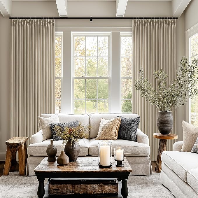 Tan Pinch Pleated Linen Curtains 102 Inches Long for Living Room Bedroom Dining Pinch Pleat with Hooks Rings for Track Back Tab Light Filtering Boho Farmhouse Semi Sheer 102 Inch Sliding Door Curtain