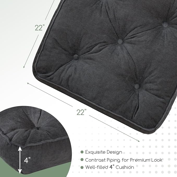HIGOGOGO Large Floor Pillow Cushion for Adults, Meditation Cushion Pillow with Handle, Lustrous Chenille Tufted, Square Floor Sitting for Tatami Living Room or Yoga, 22x22 Inch, 2Pack, Dark Grey