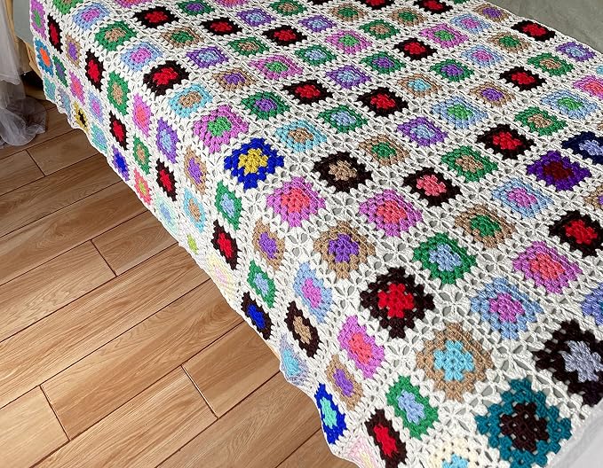 RISEON Handmade Granny Square Crochet Throw Blanket Sweater Style Mat, crochet quilt, multicolor Boho Travel Accent Decor Throw for Sofa Comforter Couch Bed Recliner Living Room Bedroom (White)