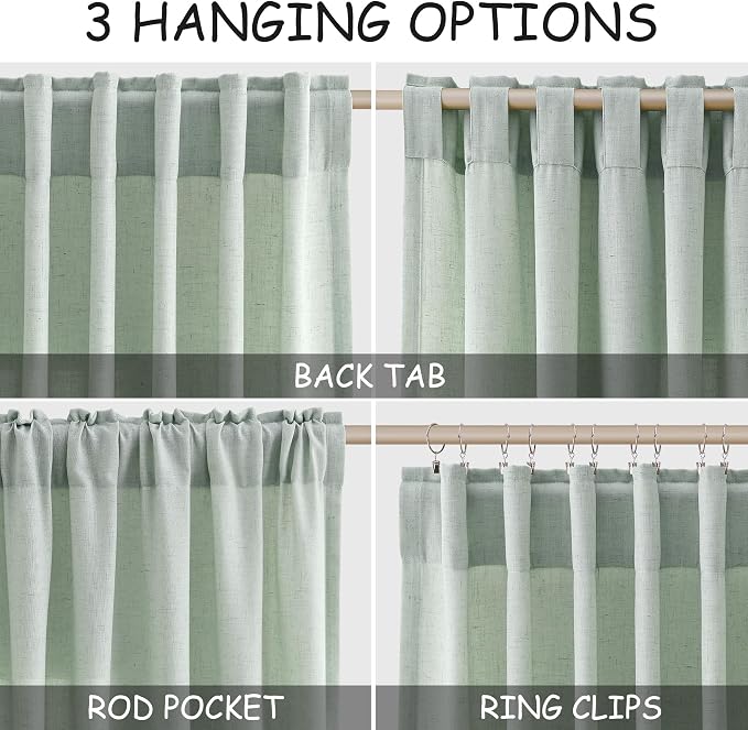 Nanspring Aqua Green Linen Curtains Extra Long 120 Inches Long for Living Room 2 Panel Set Back Tab Boho Farmhouse Semi Sheer Curtain Drapes for Dining Room Large Window 10 FT Tall W50 x L120