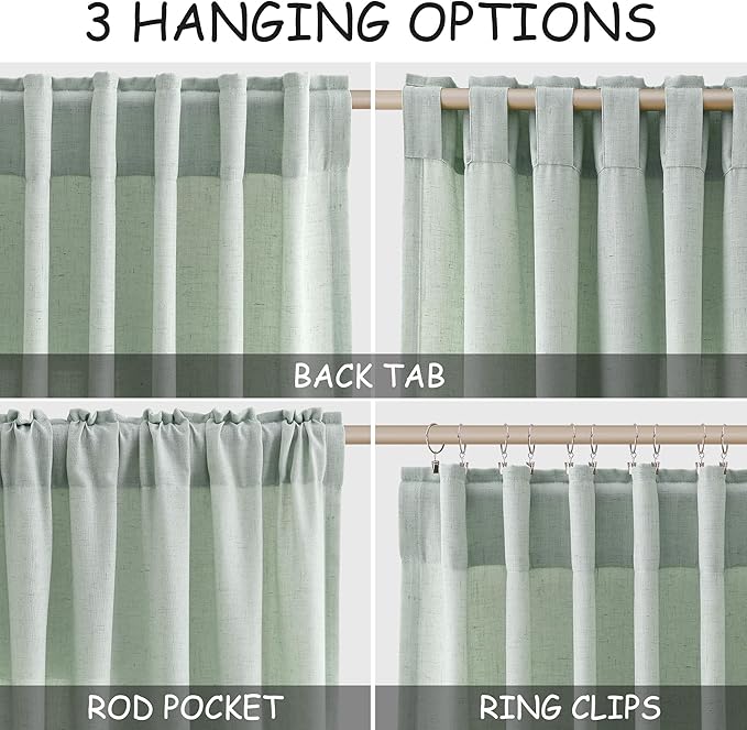Nanspring Extra Long Linen Curtains 108 Inch Length for Living Room 2 Panels Set Back Tab Neutral Privacy Drapes Semi Sheer Light Filtering for Bedroom Boho Floor to Ceiling Aqua Green W50 x L108
